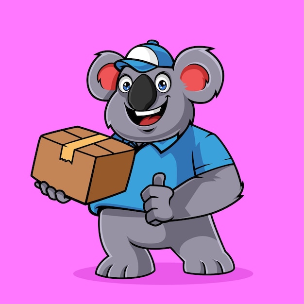 Ilustração em vetor mascote de pacote de entrega de coala fofo