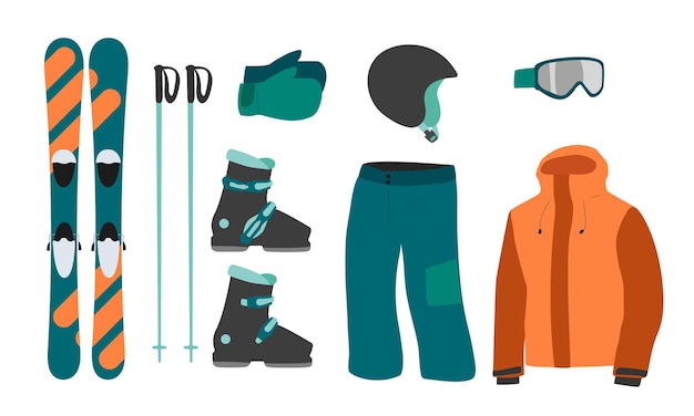 Ilustração em vetor menino esqui equipamento kit roupas esquis de inverno extremo conjunto de esquis