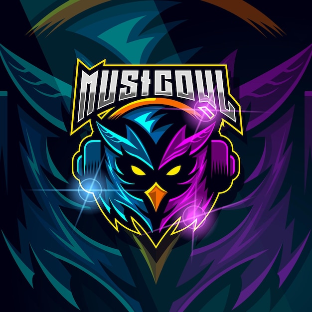 Ilustração em vetor modelo de design de logotipo owl with headset esport