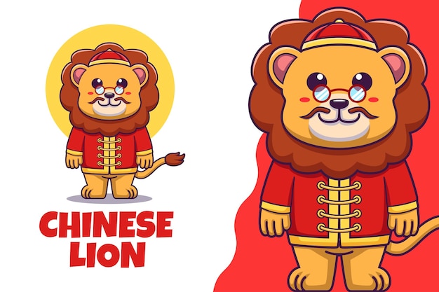 Ilustração em vetor modelo de logotipo de mascote leão chinês bonito