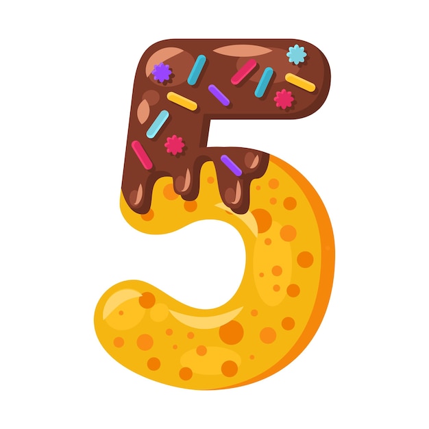 Ilustração em vetor número cinco desenhos animados donut. estilo de fonte de biscoito. símbolo em negrito vitrificado com glacê. tipografia de design plano tentadora. biscoitos, waffle, placa matemática de chocolate. pastelaria, clipart isolado de padaria