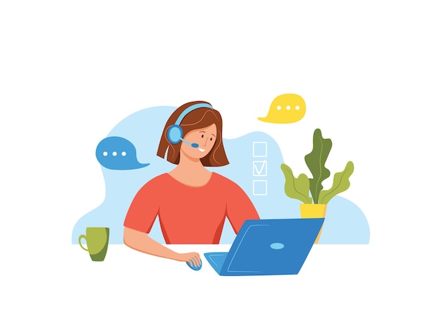 Ilustração em vetor operador de call center Mulher de gerente de suporte on-line ao cliente trabalhando