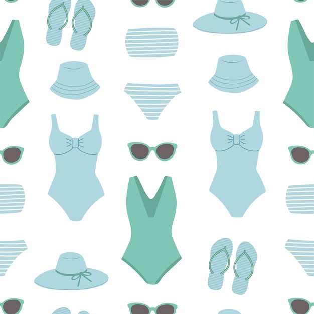 Ilustração em vetor padrão sem costura de verão, design plano de suítes de banho coloridas