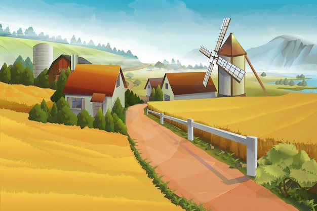 Ilustração em vetor paisagem rural fazenda