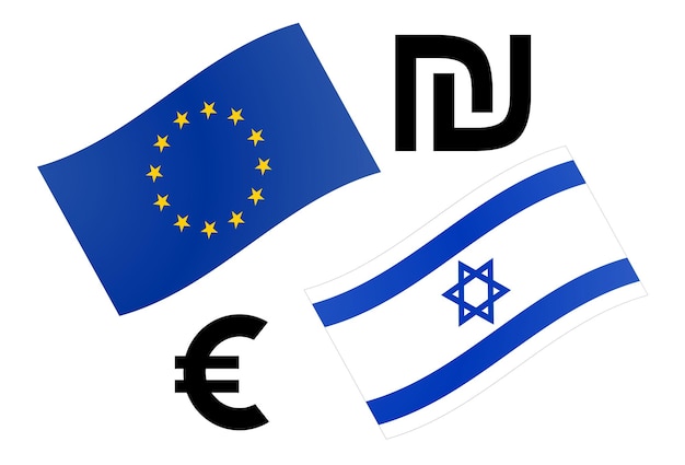 Ilustração em vetor par de moeda eurils forex. bandeira da ue e israel, com símbolo do euro e shekel.