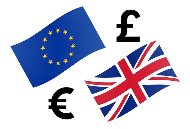 Ilustração em vetor par de moedas EURGBP forex. Bandeira da UE e do Reino Unido, com símbolo do Euro e da libra.