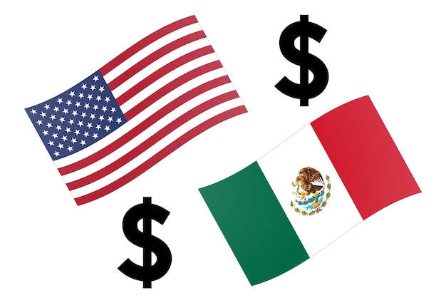 Ilustração em vetor par de moedas USDMXN forex. Bandeira americana e mexicana, com símbolo de dólar.