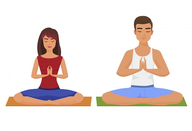 Ilustração em vetor par ioga. Posição de Lotus do homem e da mulher isolada.