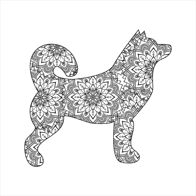 Ilustração em vetor para colorir mandala de cachorro