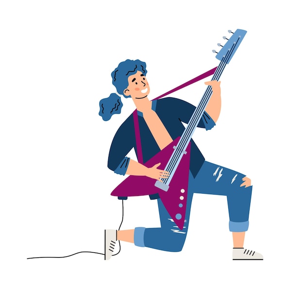 Ilustração em vetor personagem de desenho animado masculino guitarrista de rock isolada no branco