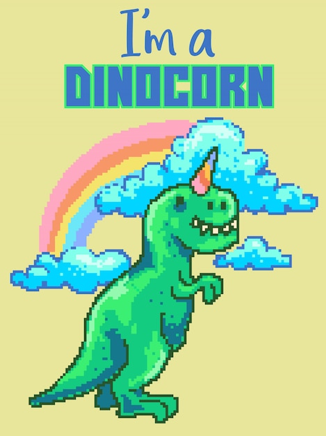 Vetor ilustração em vetor pixel art de dinossauro fofo com arco-íris, nuvem e casquinha de sorvete na cabeça.