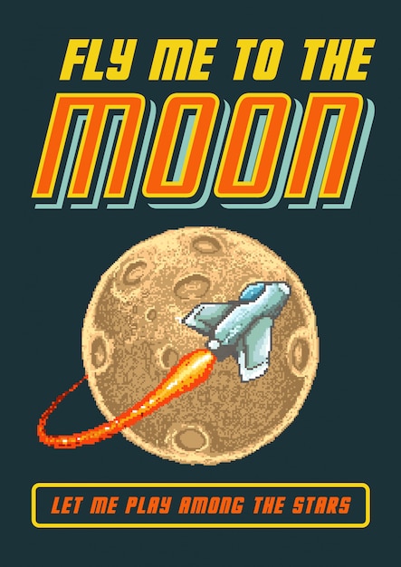 Vetor ilustração em vetor pixel art do ônibus espacial voando para a lua com as cores do videogame dos anos 80