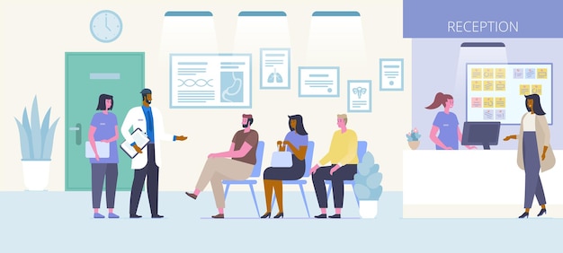 Ilustração em vetor plana centro médico recepção. Homens e mulheres esperando na fila, médico falando com personagens de desenhos animados de pacientes. Interior da sala de espera do hospital. Conceito de saúde e medicina