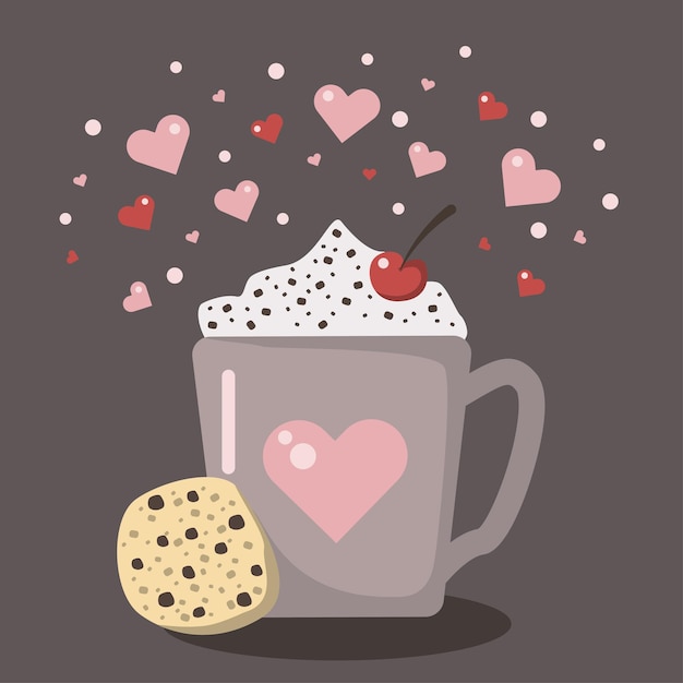 Ilustração em vetor plana com uma xícara de café, biscoitos com gotas de chocolate e corações. arte para padeiro