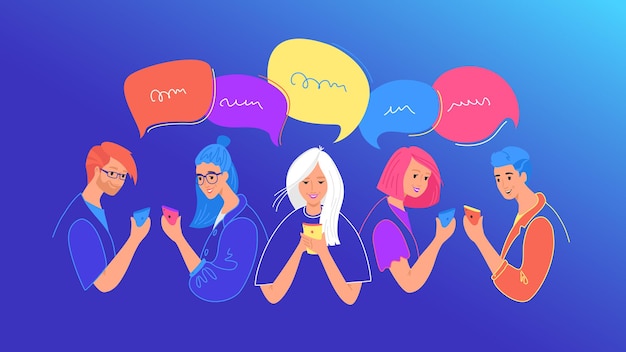 Ilustração em vetor plana conceito de bate-papo e comunicação de mídia social. adolescentes e meninas usando smartphone móvel para bate-papo, mensagens de texto, comentários nas redes sociais. jovens com balões de fala