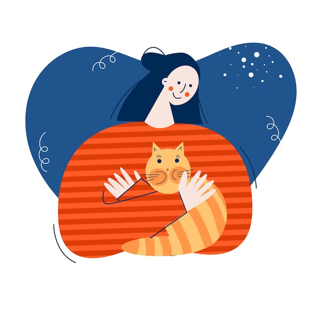 Vetor ilustração em vetor plana conceito do dia do abraço. gato abraçando de mulher feliz. ama o animal, animal de estimação e dono. imagens de cores de inverno com a menina e o coração. personagens de desenhos animados fofos da moda isolados no fundo branco