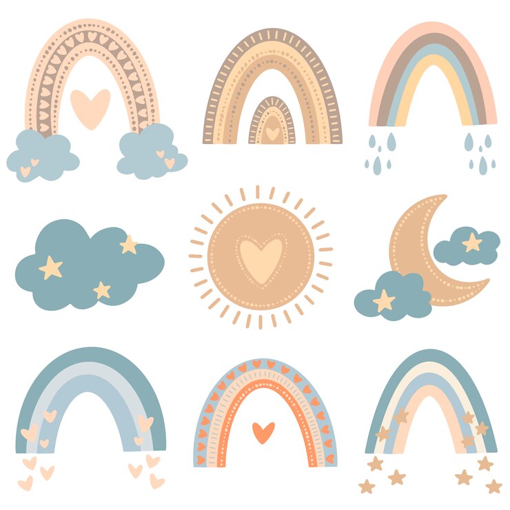 Ilustração em vetor plana de arco-íris bonito dos desenhos animados no estilo colorido doodle. Conjunto de ilustração do tempo.