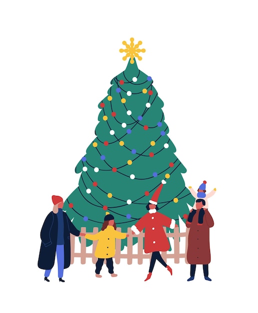 Ilustração em vetor plana de celebração ao ar livre do feriado de natal. crianças e adultos de mãos dadas, reunindo-se ao redor do festivo abeto. temporada de inverno, evento festivo de ano novo isolado no branco.