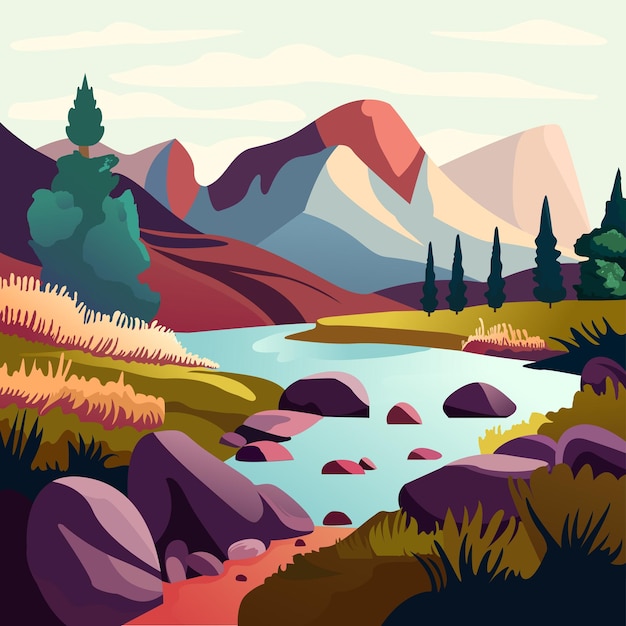 Ilustração em vetor plana de paisagem de aventura em lago de montanha
