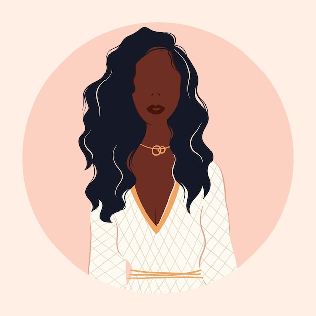 Ilustração em vetor plana de uma alegre garota na moda moderna. mulher forte e bonita independente vestida com roupas elegantes. retrato de uma linda mulher afro-americana com cabelo longo ondulado.