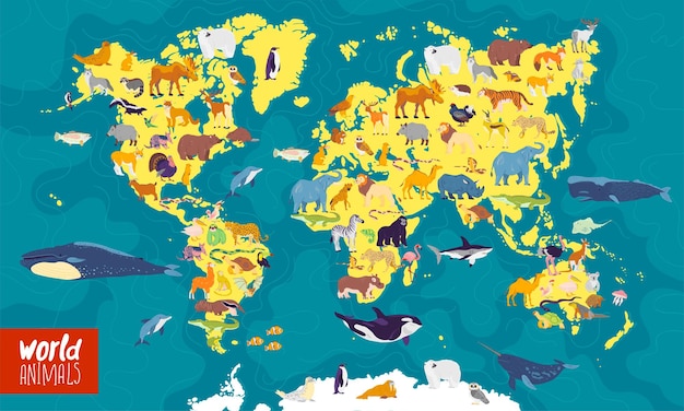 Ilustração em vetor plana do mapa-múndi com os continentes dos oceanos e os animais locais