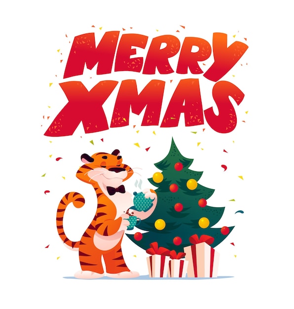 Ilustração em vetor plana dos desenhos animados de ano novo e felicitações de texto de feliz natal, mascote tigre personagem engraçado, decorado abeto de natal, apresenta-se isolado. para banners, web, embalagens, anúncios, cartões.