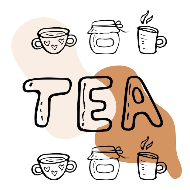 Ilustração em vetor plana, hora do chá com xícaras de chá e café doodle objetos isolados