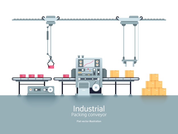 Ilustração em vetor plana industrial produção fábrica transportadora