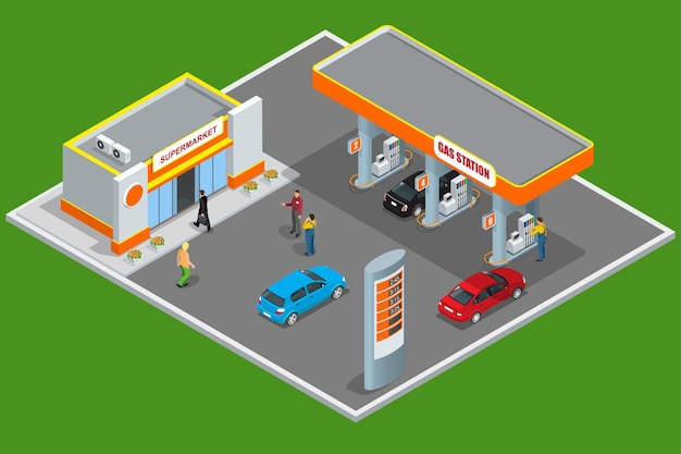Ilustração em vetor plana isométrica de posto de gasolina 3d. Conceito de posto de gasolina. Bomba de combustível, carro, loja, estação de óleo, gasolina. Reabastecimento de serviço de compras de limpeza