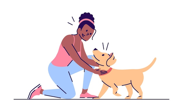 Ilustração em vetor plana jovem mulher e cachorrinho alegre. lazer ativo. garota afro-americana brincando com um personagem de desenho animado isolado de cachorro com elementos de contorno em fundo branco