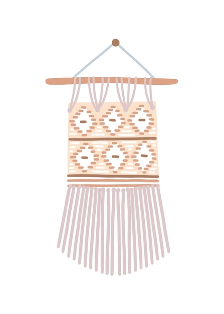 Ilustração em vetor plana macramé moderno. bela decoração artesanal isolada no fundo branco. item de artesanato contemporâneo elegante. estilo boêmio, decoração de artesanato de nó de suspensão de parede.