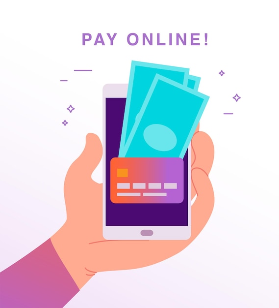 Ilustração em vetor plana para pagamentos online e transações com mão humana, segurando o smartphone com cartão de crédito e dinheiro na tela. Perfeito para banner de aplicativo móvel, design de página de destino.
