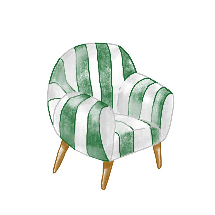Vetor ilustração em vetor plana poltrona vintage. cadeira retro elegante isolada no fundo branco. elemento de móvel estofado com cortina às riscas. assento confortável. item de interior para casa.