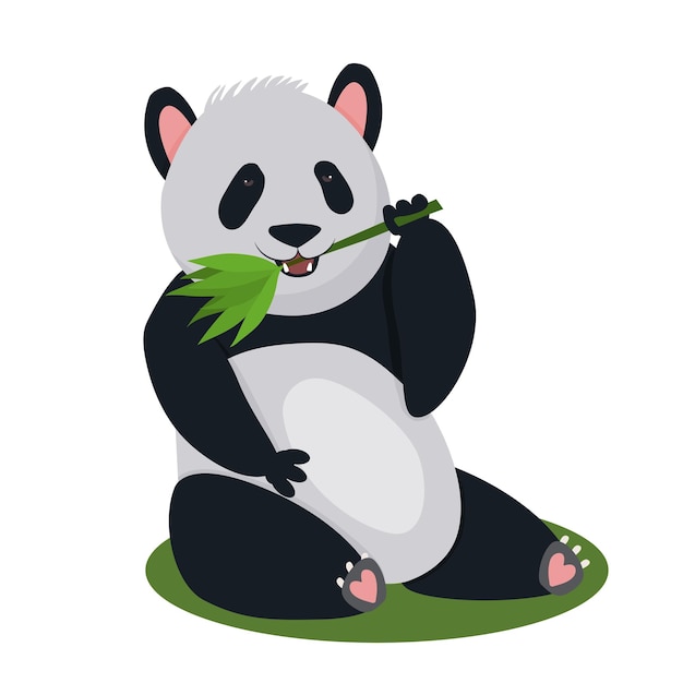 Ilustração em vetor plano de panda bonito dos desenhos animados adorável mamífero selvagem da selva comendo folha de bambu