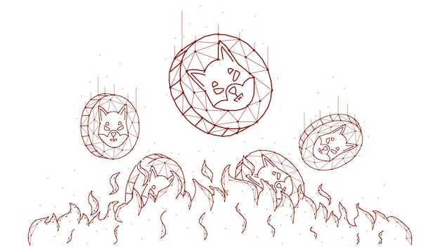 Ilustração em vetor poligonal de queima de shiba inu. moedas shiba inu caem no fogo.