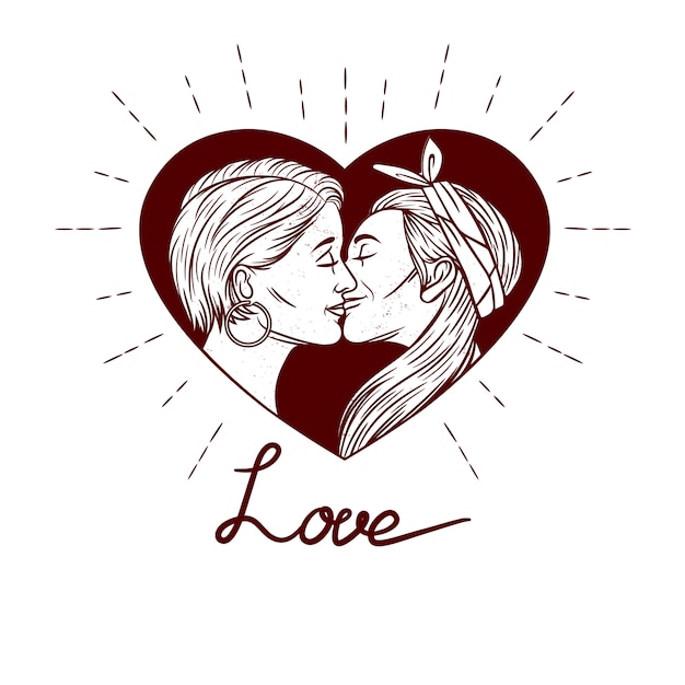 Ilustração em vetor preto e branco com textura grunge. o casal homossexual está se beijando