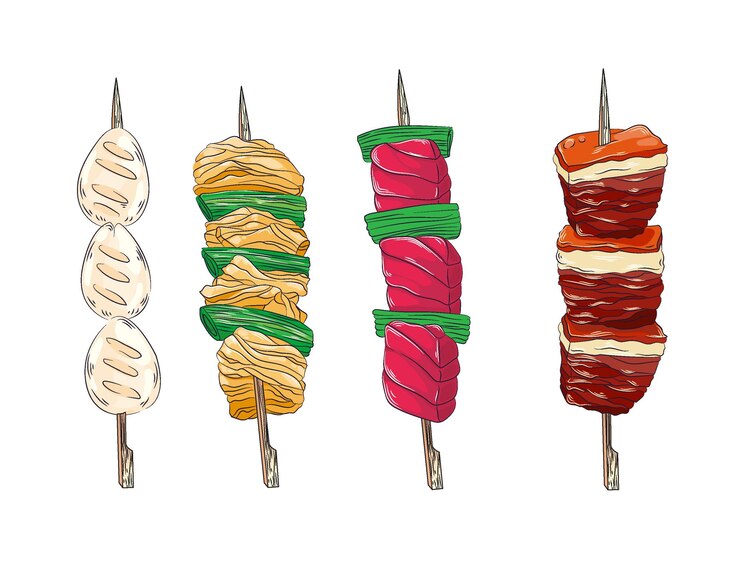Vetor ilustração em vetor preto e branco de um kebab japonês em um espeto.