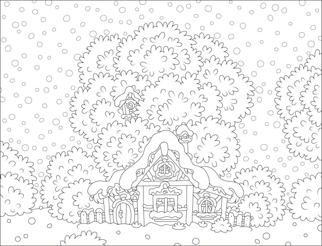 Ilustração em vetor preto e branco de uma pequena casa de campo com telhado de palha sob neve