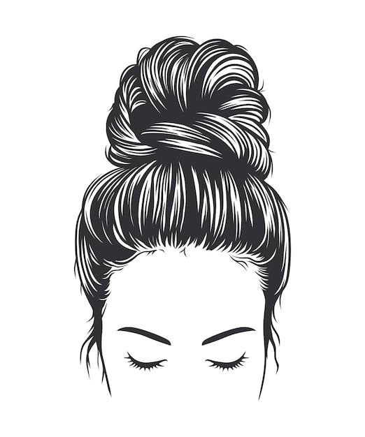 Vetor ilustração em vetor preto e branco do penteado de coque bagunçado da mulher isolado no fundo branco