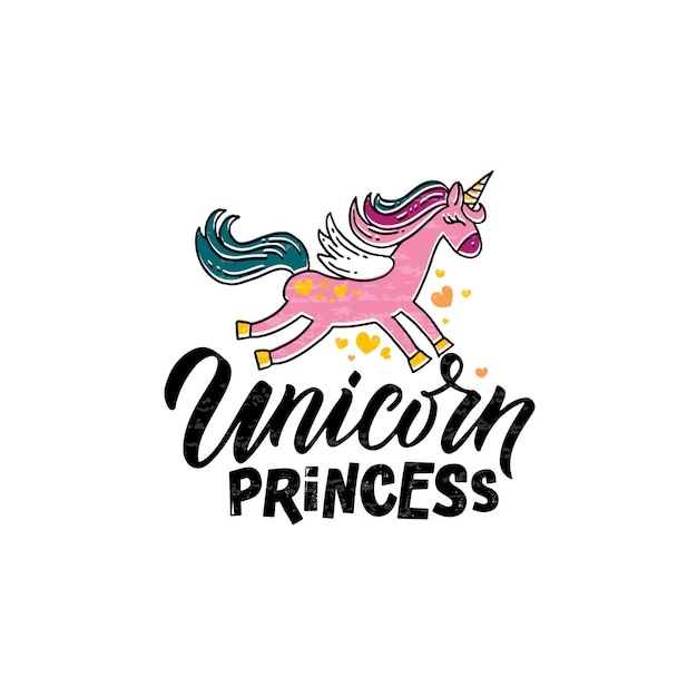 Ilustração em vetor princesa unicórnio esboçada a mão com citações de tipografia de letras motivacional