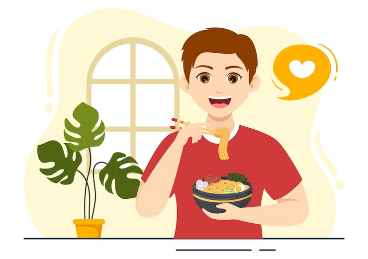 Vetor ilustração em vetor ramen de comida japonesa com macarrão em modelos desenhados à mão de desenhos animados planos