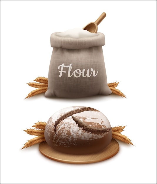 Ilustração em vetor realista de pão com espigas e saco de farinha com pá de madeira isolado no fundo branco