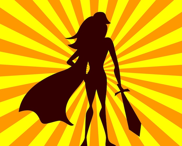 Vetor ilustração em vetor super mulher. garota de super-herói de quadrinhos com espada. silhueta de herói em fundo de raios.
