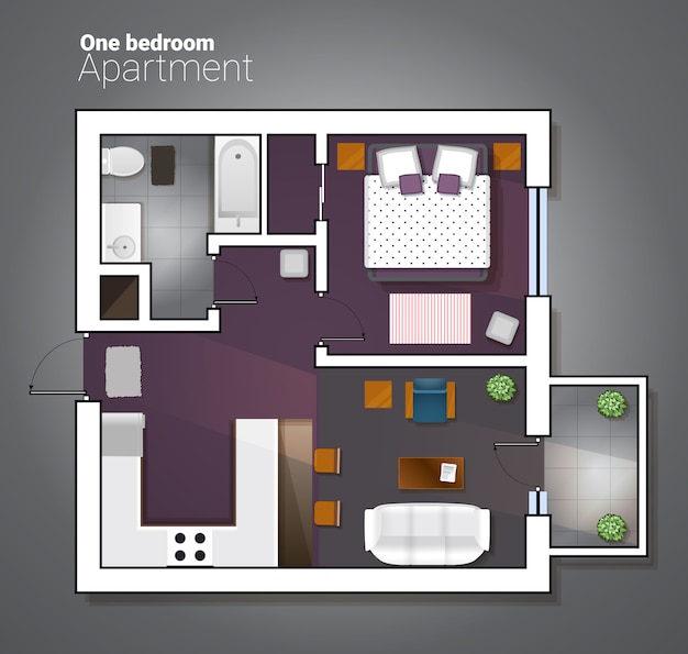 Ilustração em vetor vista superior do apartamento de um quarto moderno. plano arquitetônico detalhado da sala de jantar combinada com cozinha, banheiro, quarto. interior da casa