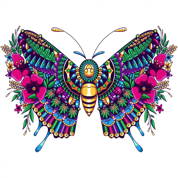 Vetor ilustração em zentangle mandala borboleta e design de camisetas premium