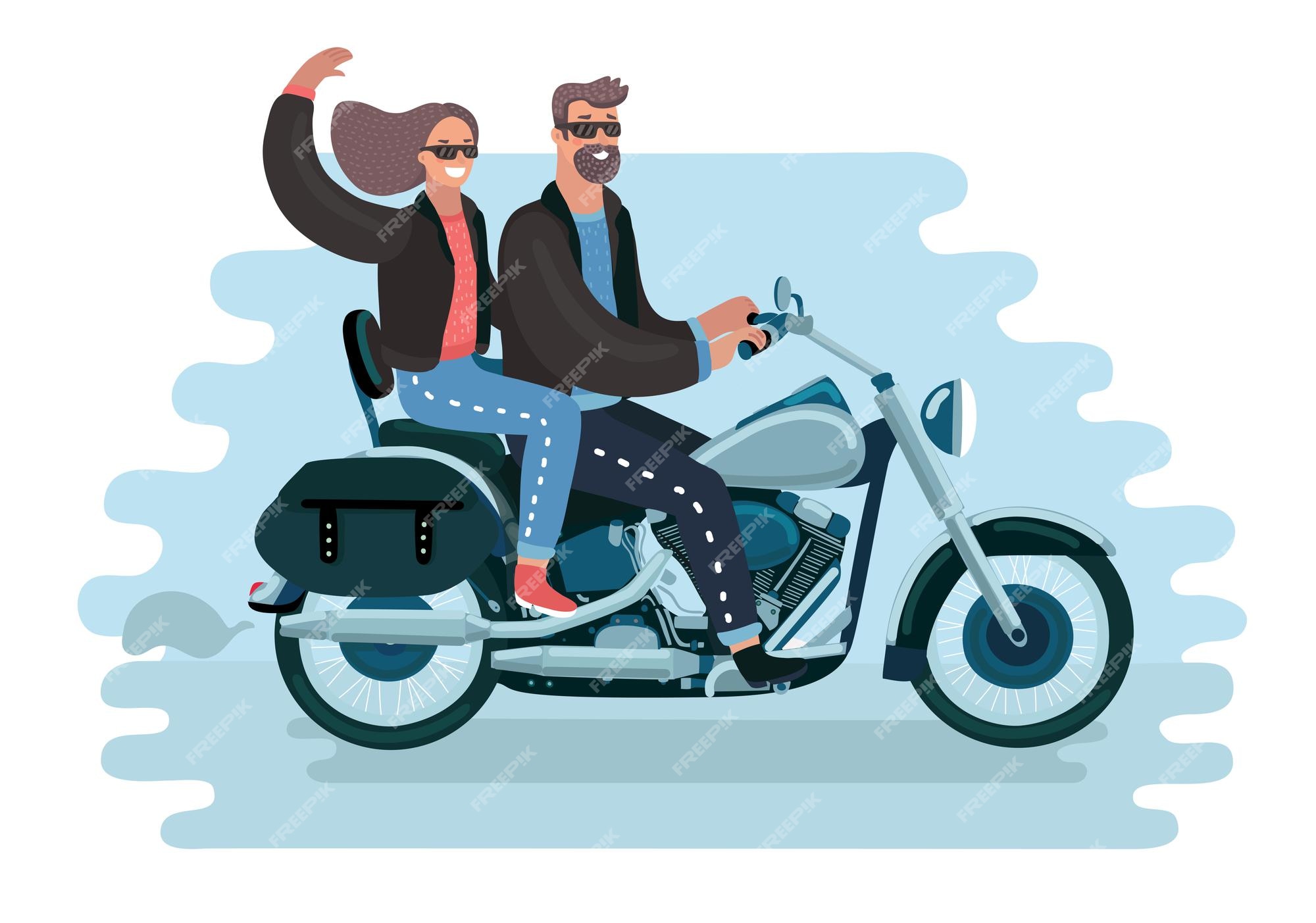 Ilustração engraçada dos desenhos animados de vetor de casal viajar de  moto. homem e mulher andam de motocicleta. motociclistas, motociclista