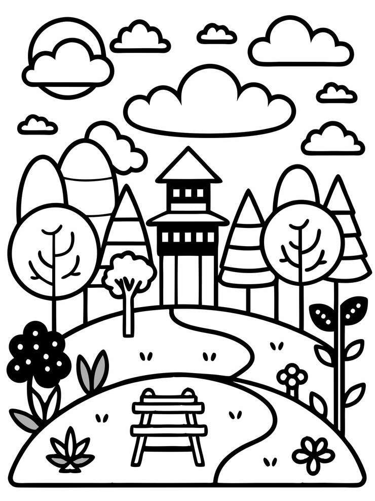 Vetor ilustração envolvente de um parque com árvores, bancos, playgrounds e um caminho para caminhadas