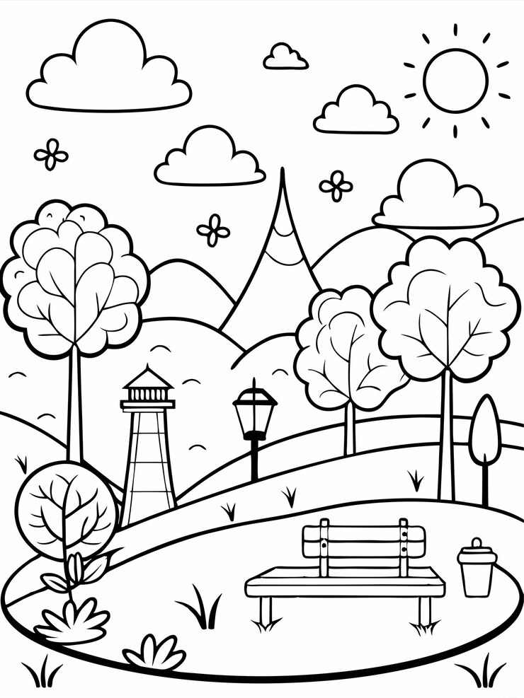 Vetor ilustração envolvente de um parque com árvores, bancos, playgrounds e um caminho para caminhadas
