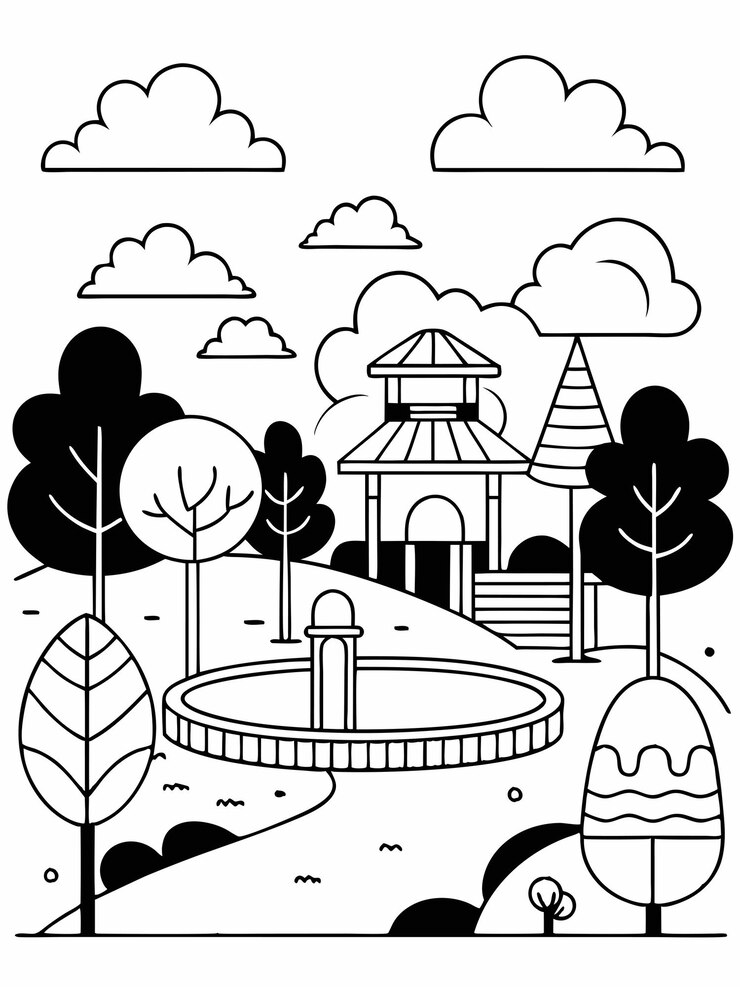 Vetor ilustração envolvente de um parque com árvores, bancos, playgrounds e um caminho para caminhadas
