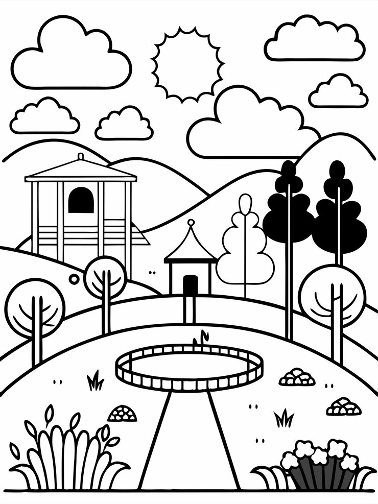 Vetor ilustração envolvente de um parque com árvores, bancos, playgrounds e um caminho para caminhadas